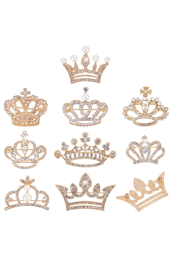 9Pcs 9 Styles Crown Brooch Pins Rhinestone Crown Brooches Tiara Crown Brooch Pins for Shirts Dresses Bridal Suit Length 0.94Inch to 1.41Inch Light Gold