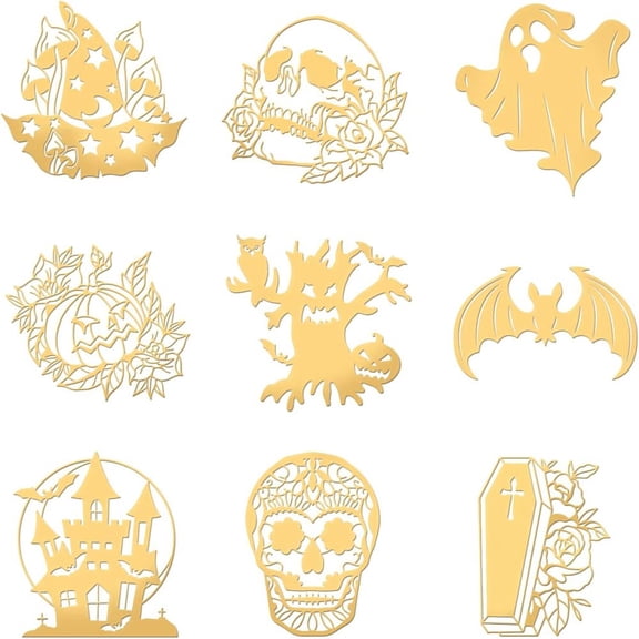 9Pcs 9 Styles Custom Carbon Steel Self-adhesive Picture Stickers Square Halloween Themed Pattern 40x40mm 1pc/style