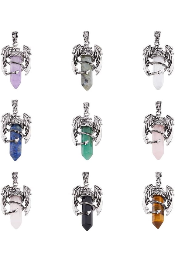 9Pcs 9 Styles Gemstone Pointed Pendants Faceted Bullet Charms with Rack Plating Platinum Tone Alloy Dragon Findings Cadmium Free & Lead Free 39~41x24~25x13~14mm Hole: 4x8mm 1pc/style