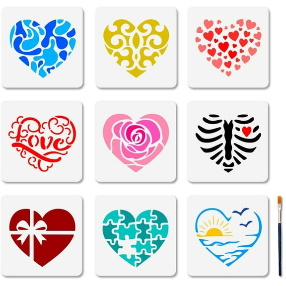 9Pcs 9 Styles Mandala PET Hollow Out Drawing Painting Stencils for DIY Scrapbook Photo Album Heart 200x200mm 1pc/style