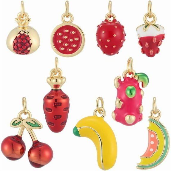 9Pcs 9 Styles Mixed Fruit Charms 16K Gold Plated Dangle Cantaloupe Pitaya Banana Strawberry Carrot Pomegranate Cherry Enamel Charms for Jewelry Making Necklace Bracelet Earring colorful