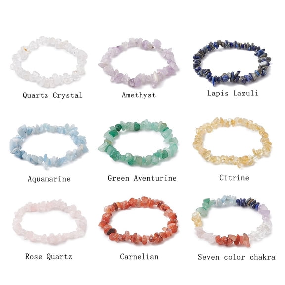 9Pcs 9 Styles Natural Mixed Gemstone Chips Stretch Bracelets Set Chakra Theme Stackable Bracelets Inner Diameter: 2~2-1/8 inch(5.2~5.5cm) 1pc/style