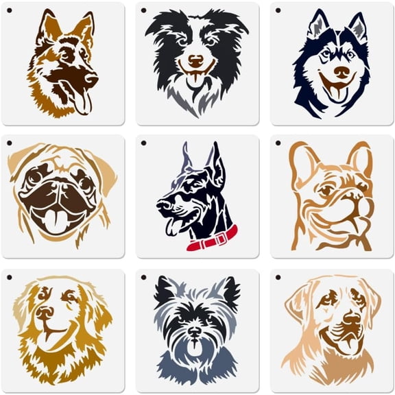 9Pcs 9 Styles PET Hollow Out Drawing Painting Stencils for DIY Scrapbook Photo Album Dog 200x200mm 1pc/style for DIY