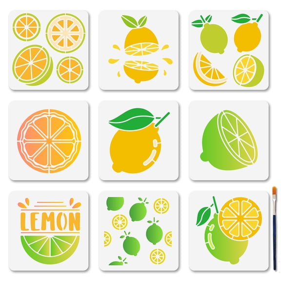 9Pcs 9 Styles PET Hollow Out Drawing Painting Stencils for DIY Scrapbook Photo Album Lemon 150x150mm 1pc/style
