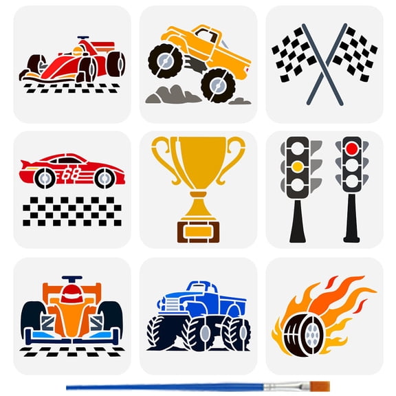 9Pcs 9 Styles PET Hollow Out Drawing Painting Stencils for DIY Scrapbook Photo Album Racing Car 150x150mm 9 styles 1pc/style 9pcs/set. diy