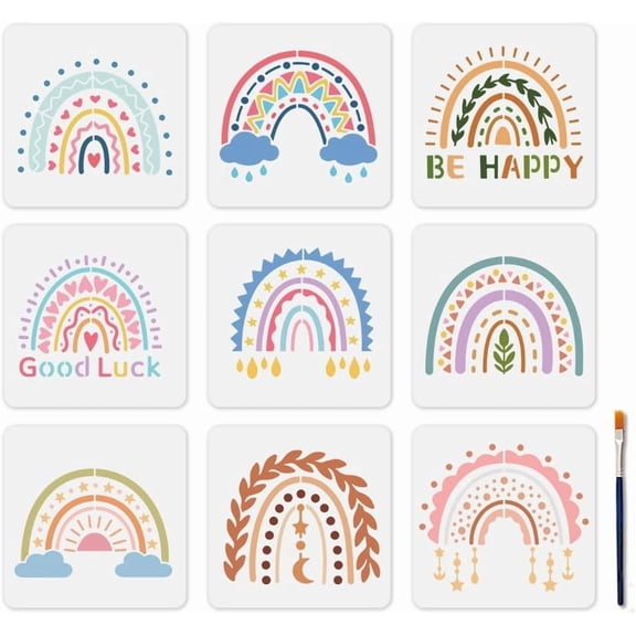 9Pcs 9 Styles PET Hollow Out Drawing Painting Stencils for DIY Scrapbook Photo Album Rainbow 150x150mm 1pc/style DIY
