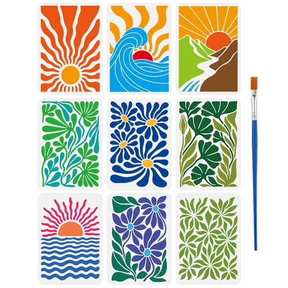 9Pcs Abstract-Style Nature Stencils with Brush 11.7x8.3inch Geometric Stencils