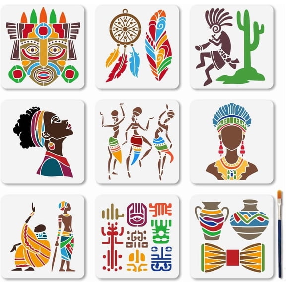 9Pcs African Tribe Stencil Set 5.95.9inch Old Primitive Totem Painting Stencils Reusable Indigenous Ethnic Template DIY Craft for Painting on Wood Furniture Canvas Wall DecorationMixed Color