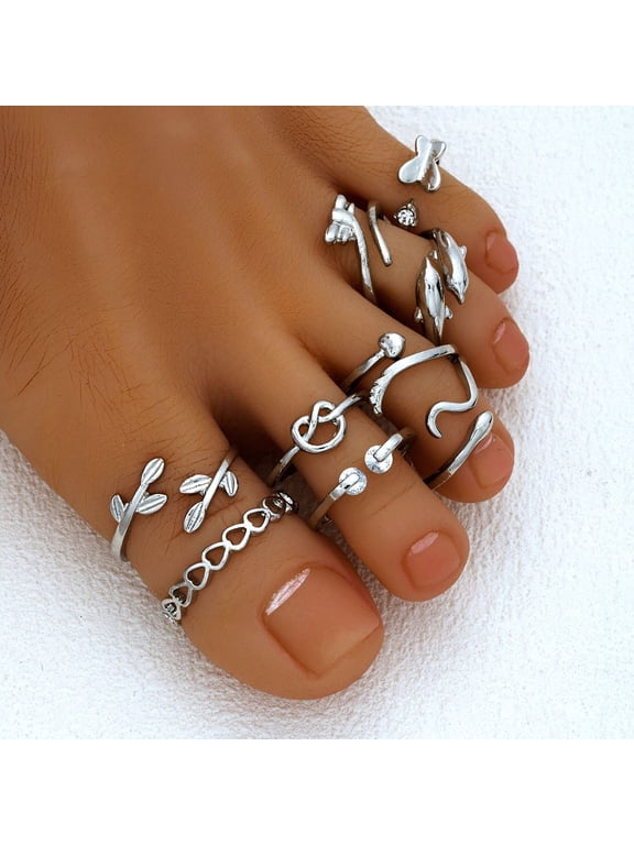 9Pcs Alloy Cuff Toe Rings Mixed Shapes Leaf Heart Butterfly Design 16-18mm Inner Diameter Jewelry Accessories for Women