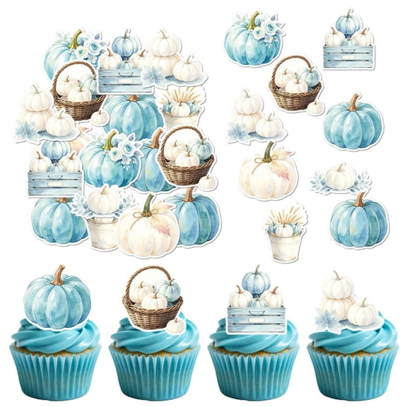 9Pcs Autumn / Fall / Thanksgiving Day / Harvest Festival / Halloween Themed Paper Cup Cake Watercolor Pumpkins & Autumn / Fall Plants-pattern Decorative Paper Flags