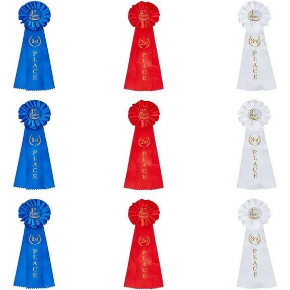 9Pcs Award Ribbon Set 1st 2nd 3rd Satin Badge Winner Honorable Victory Recognition Blue Red and White Prize Medals Ribbons