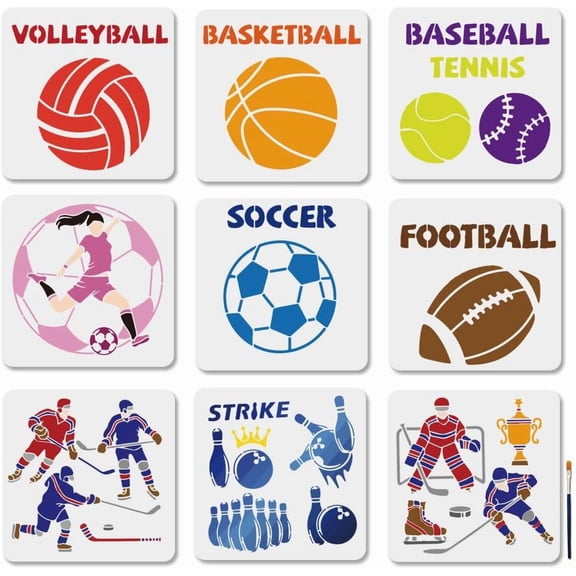 9Pcs Ball Game Stencil Set 11.8×11.8inch Soccer Basketball Bowling Stencils Reusable Baseball Volleyball Curling Competition Drawing Template with Paint Brush for Window Wood Home Decor colorful