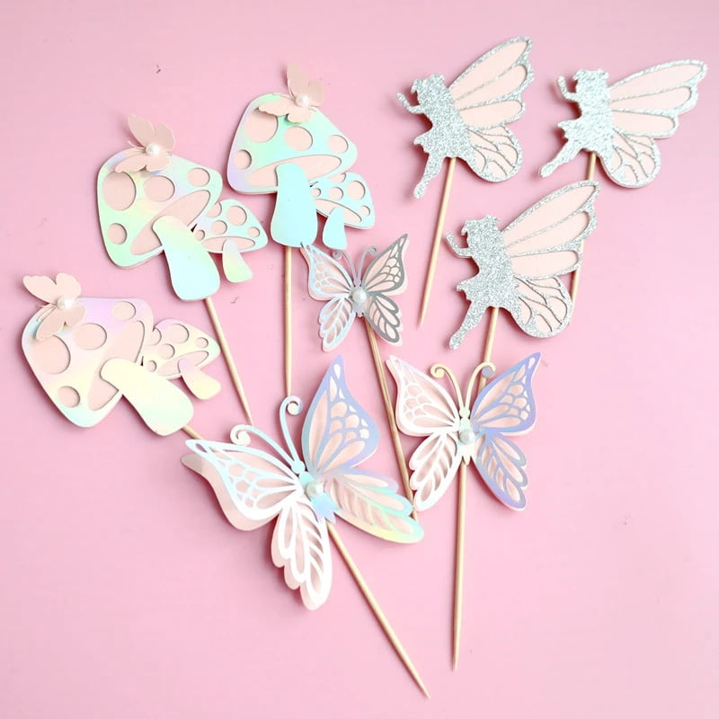 27-Piece Fairy Cake Topper Set - Pink Mushroom House, Butterflies, Fairies For Magical Birthday & Party Decor