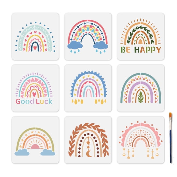 9Pcs Boho Rainbow Stencils Good Luck Clouds Painting Stencil 1515cm Reusable Be Happy Drawing Template with Paint Brush