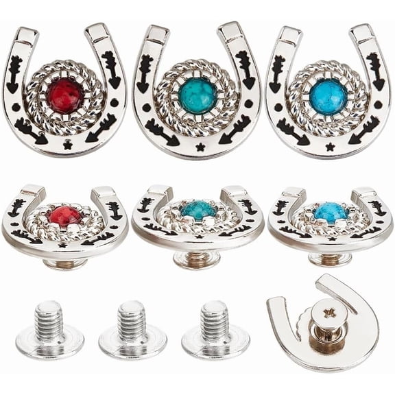 9Pcs/Box Horseshoe Screw Back Buttons Conchos 3 Colors Western Cowboy Style Decorative Leather Buckles 19mm Turquoise Gemstone Metal Vintage Retro Castings Rivets Studs for DIY Craft Fabrics for DIY