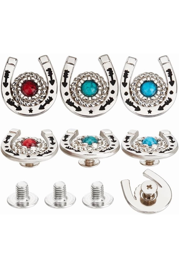 9Pcs/Box Horseshoe Screw Back Buttons Conchos 3 Colors Western Cowboy Style Decorative Leather Buckles 19mm for Craft Fabrics Colorful
