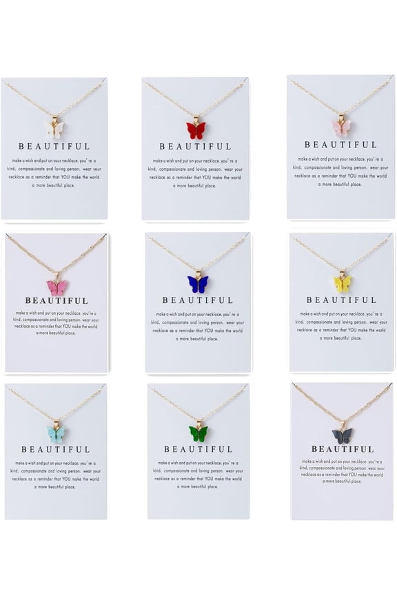 9Pcs Butterfly Bulk Necklace Sets for Women Colorful Acrylic Dainty Butterfly Pendant Necklaces Adjustable Insect Choker Valentines Friendsgiving Gift