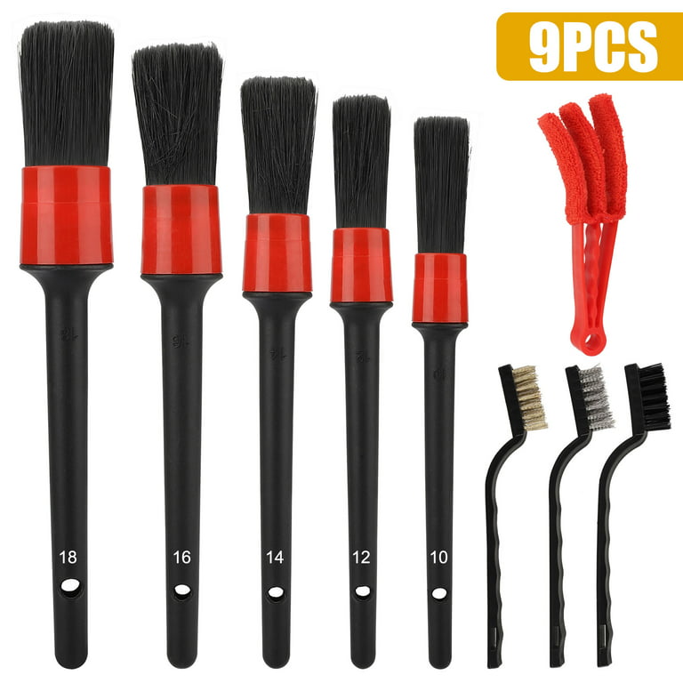 TSV 9pcs Car Detailing Brush Set, 5-Size Boar Hair Auto Detail Brushes Kit with Air Vent Brush, 3 Wire Brushes for Car Interior Exterior, Wheels