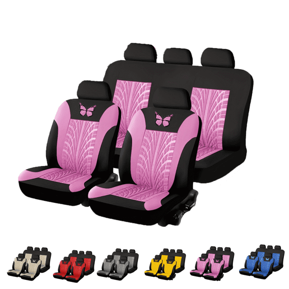 9Pcs Car Seat Cover Set, Butterfly Print Auto Seat Protector, Universal Fit Waterproof Interior Cushion Covers for 5‑Seat Vehicle, Pink