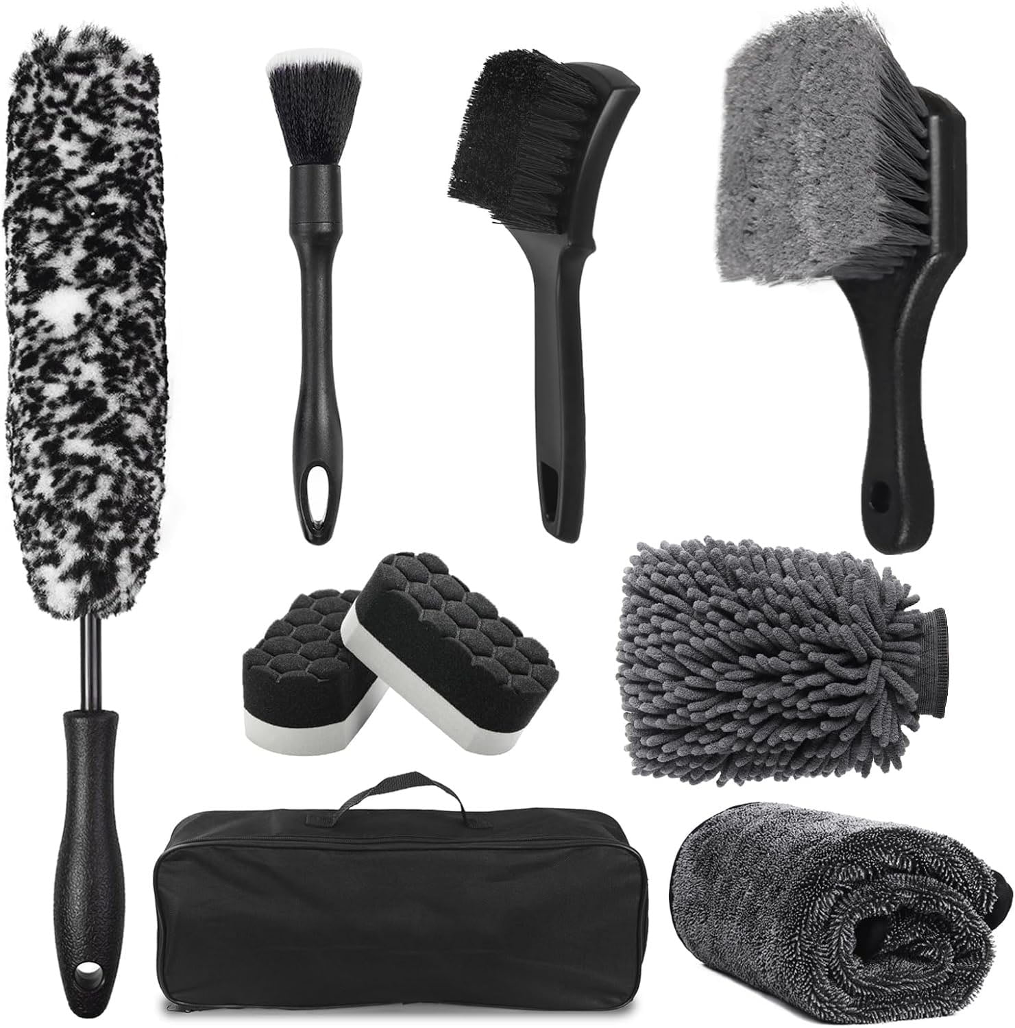9Pcs Car Wheel & Tire Brush Kit, Wheel Cleaner Brush, Soft-bristled Rim Brush, Car Drying Towel (36"x 24"), Tire Shine Applicator Pad, Car Wash Mitt