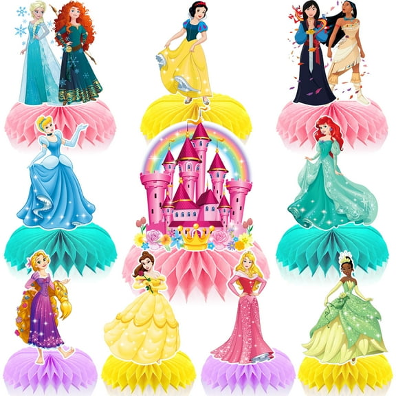 9Pcs Cartoon Princess Honeycomb Centerpieces for Party Supplies, Double Sided Table Birthday Decorations Centerpieces Party Favors, Shower Cake Topper Photo Booth Props Party