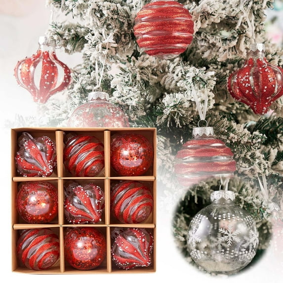 9Pcs Christmas Ball Ornaments Set, Clear Glitter Hanging Decorations, Shatterproof Baubles for Christmas Tree Home Wedding Party Office Decor (Red, One Size)