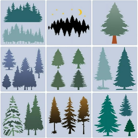 9Pcs Christmas Tree Plastic Stencil Pine Drawing Template Winter Holiday Fir Trees Woodland Painting Templates