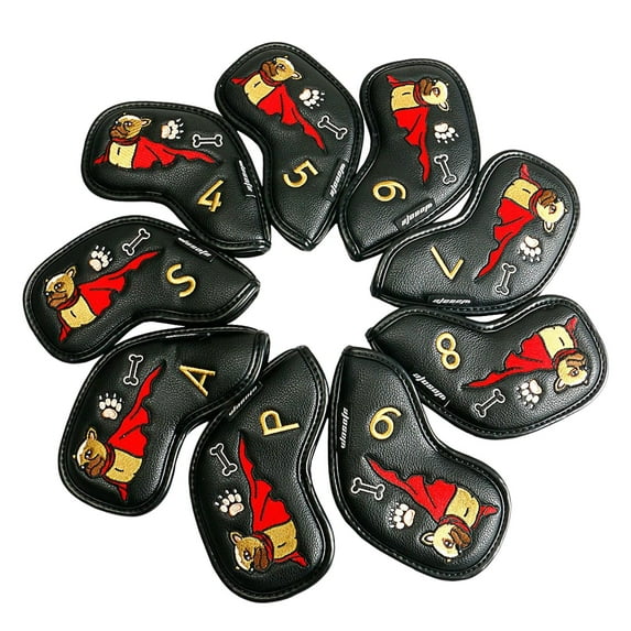 9Pcs Club Head Cover Embroidery Number 4,5,6,7,8,9,P,A,S Golf Iron Headcover Black