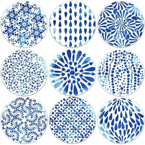 9Pcs Coasters for Drinks Blue Watercolor Teardrop Coasters Flower Wood Drink Coaster Coffee Cup Mat for Kitchen Bar Cup Dining Decor 4" Diameter 5mm Thick DIY