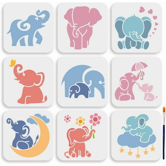 9Pcs Cute Cartoon Elephant Template Reusable Animal Theme Stencil 5.9x5.9inchs Baby Elephant Love Heart Moon Flower Painting Template for Painting Wall Home Decor DIY Art Craft DIY
