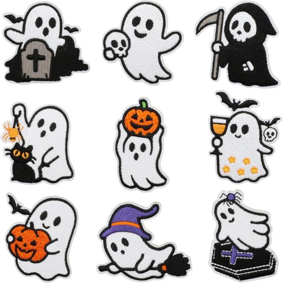 9Pcs Cute Ghost with Pumpkin Witch Reaper Skull Spider Bat Halloween Decorative Iron on/Sew on Embroidery Fabric Patches