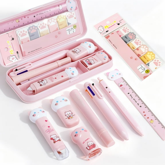 9Pcs Cute Pink Cat Stationery Gifts Set Kawaii Japanese Stationery Christmas Birthday GIFS Includes Pencil Sharpener Highlighter Correction Tape Pens Ruler for Office Supplies