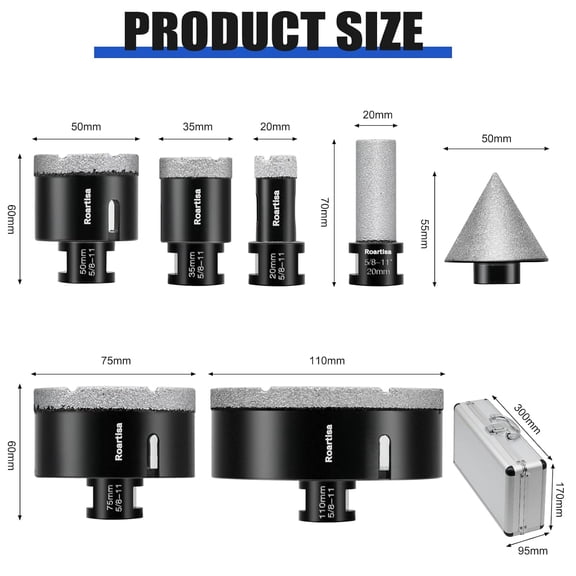 9Pcs Diamond Core Drill Bits Set 5/8"-11 Thread, Porcelain Ceramic Tile Marble Brick Vacuum Brazed Hole Saw Kit (20/35/50/75/100mm Bits+50mm Beveling Chamfer Bit+SDS Shank+Hex Shank)