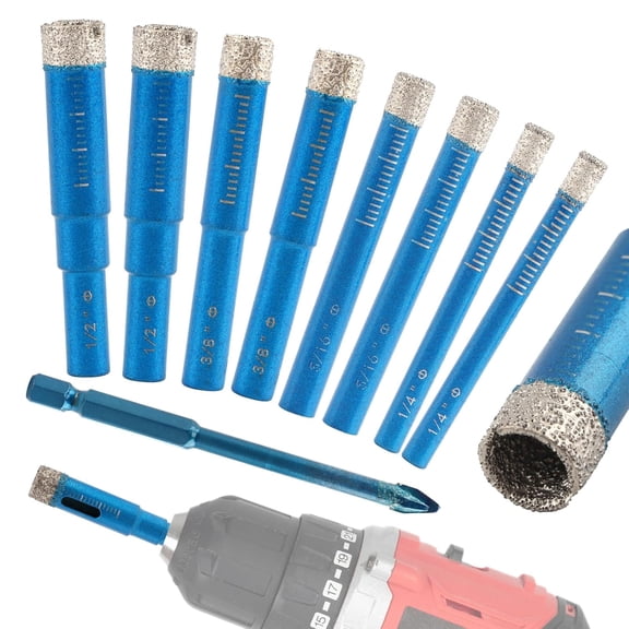 9Pcs Diamond Drill Bit Set, Multifunctional Precision Drilling Tool for Porcelain Tile Ceramic Glass Granite Concrete, Blue Dry Diamond Bits