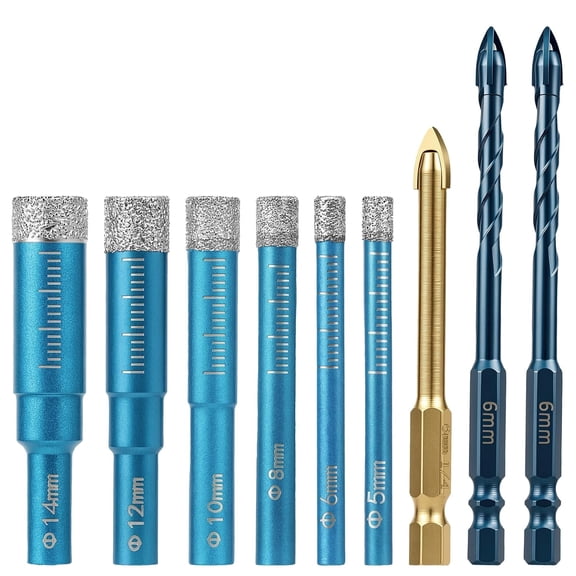 9-Piece Diamond Drill Bit Set for Tile Ceramic Glass, Multi-Size Hole Saw Kit with Hex Shank Bits, 5-14mm for Bathroom and Home Renovation Drilling