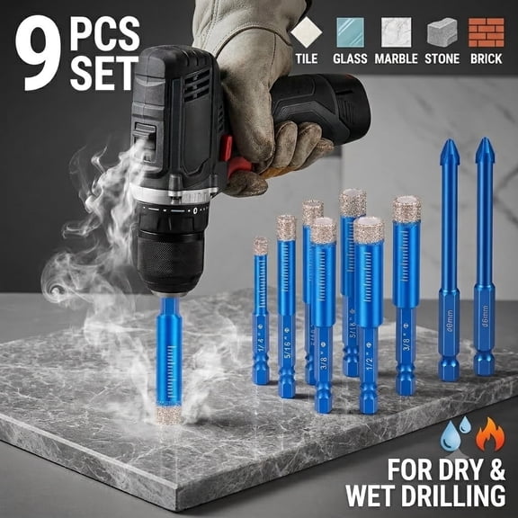 9-Piece Dry Diamond Drill Bit Set for Tile, Glass, Marble, Granite Hex Shank Vacuum Brazed Bits for DIY Drainage Holes & Precise Cutting