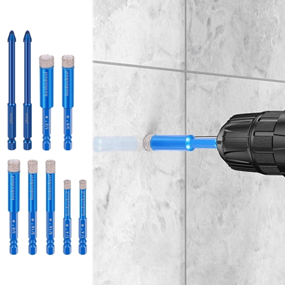 Dry Diamond Drill Bit Set (9-Piece) for Tile, Glass, Marble, Granite Hex Shank Vacuum Brazed Bits for DIY Drainage Holes & Precise Cutting