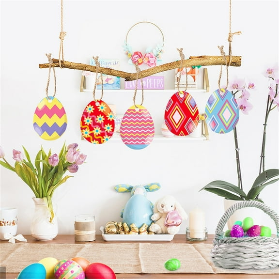9Pcs Easter Egg Paper Cards Easter Egg Cutouts with Hanging Ribbon Colorful Patterned Egg Craft Cut-Outs Easter Tag Ornament for Party Egg Hunt Banner Making Decoration Supplies