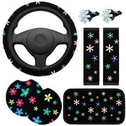 9Pcs Embroidery Car Accessories Set, Including Elastic Steering Wheel Cover, Floral Seat Belt Covers, Center Console Armrest Cushion, Non-slip Cup Mats, Cute Air Vent Clips for Women Ladies