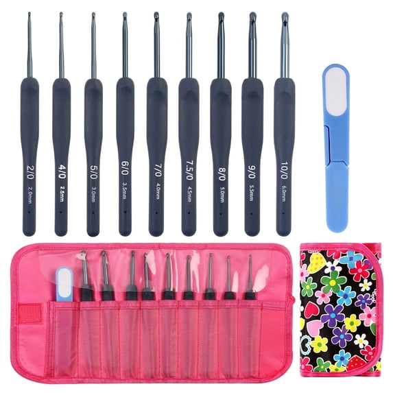 9Pcs Crochet Hook 2.0mm-6.0mm Soft Ergonomic Grip Aluminum Crochet Hook With Scissors and Case For Knitting Project
