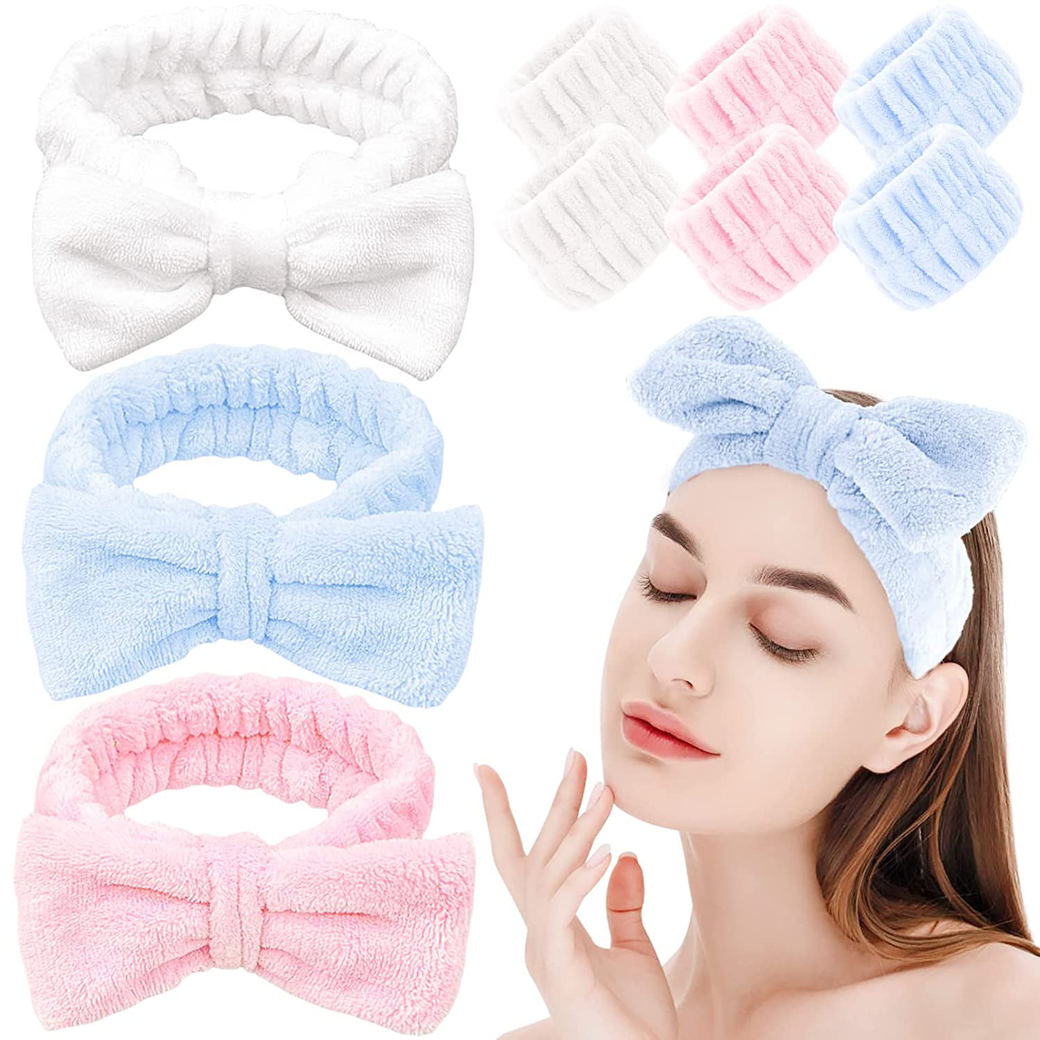9Pcs Face Wash Headband with Wrist Washband for Washing Face Spa Headband  Soft Microfiber Coral Fleece Makeup Bow Headband Adjustable Elastic Hair  Band for Girls and Women (Pink，White，Blue) 