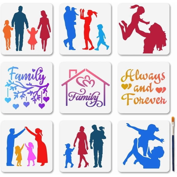 9Pcs Family Silhouette Painting Stencils Set (5.9x5.9 Inch) - Reusable Home Decor Templates with Brush for Wall Wood Window Art for DIY