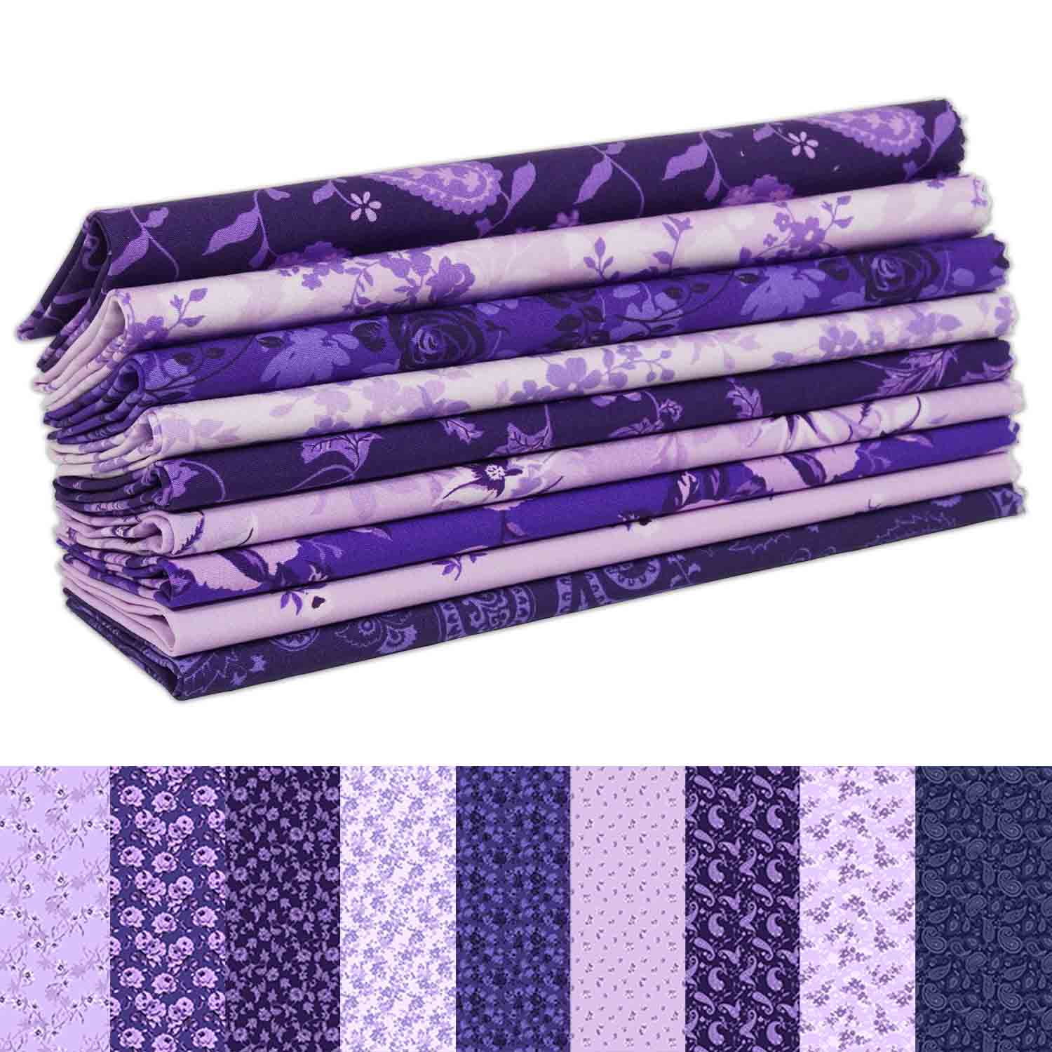 9Pcs Fat Quarter Bundle 100% Cotton Fabric for Quilting Patchwork Cushions Cotton Fabric for Patchwork, DIY Making Supplies Sewing Project, 18" x 22" - Purple Paisley Blooms