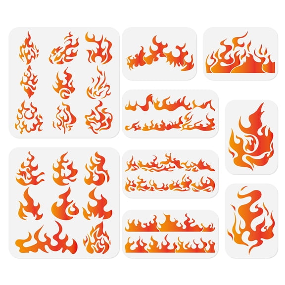 9Pcs Flame Craft Stencil Painting on Wood Burning Plastic Reusable Flame Art Stencils Templates Painting on Wall Floor Wood Fabric Furniture