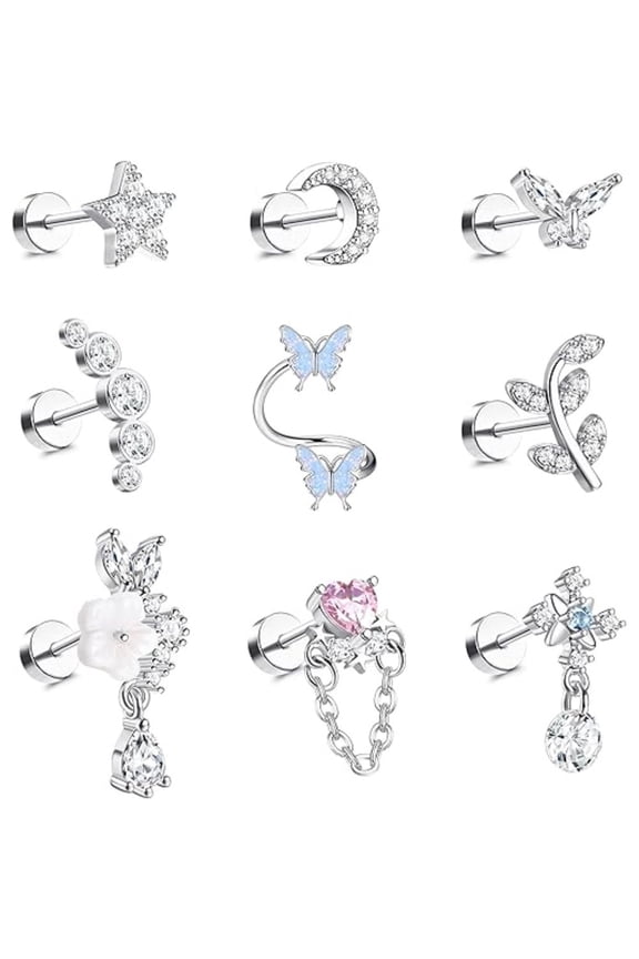 9Pcs Flat Back Helix Earrings Set Sleeping Comfort 16G Stainless Steel CZ Studs Multiple Piercing Jewelry for Women