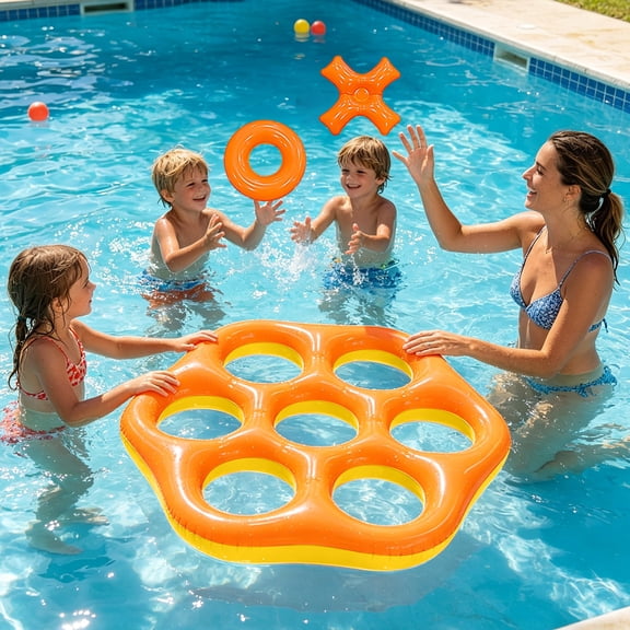 9Pcs Floating Pool Game Set Hexagonal Target Toss Game with Rings and Crosses for Backyard Water Party and Outdoor Summer Fun Activity, Orange and Yellow