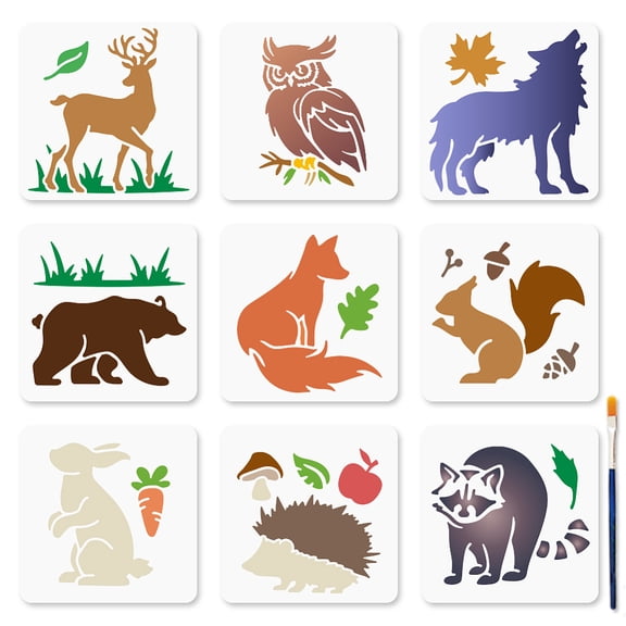 9Pcs Forest Animal Stencils 6x6inch Deer Bear Owl Wolf Template Reusable Hedgehog Raccoon Fox Squirrel Rabbit Stencil with Paint Brush for DIY