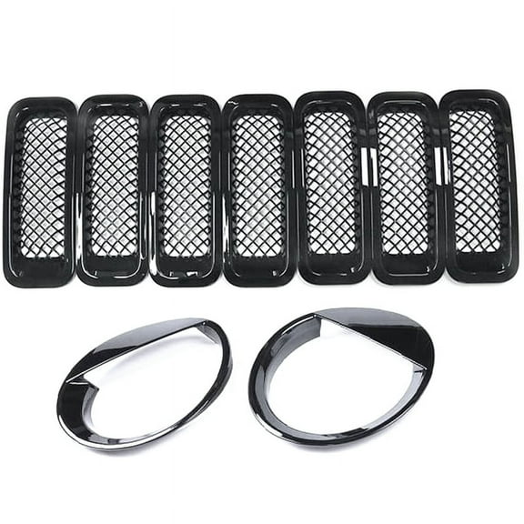 9Pcs Front Grille Grill Mesh Grille Insert Kit + Style Headlight Lamp Cover Trim for Patriot 2011-2016