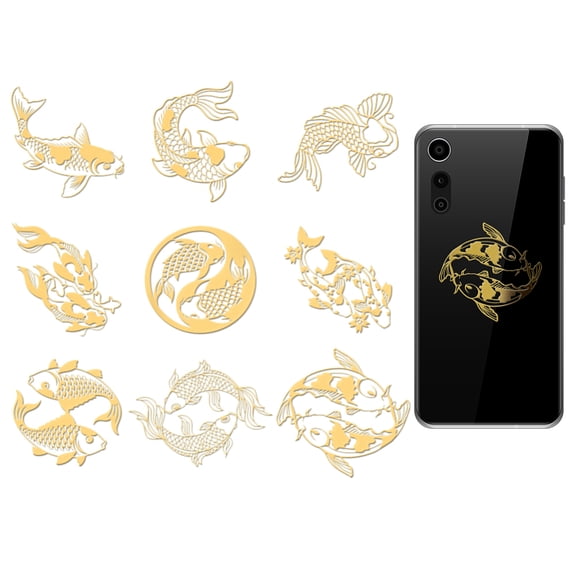 9Pcs Golden Metal Stickers 1.6x1.6 Inch Koi Fish Gold Sticker Taiji Fish Self Adhesive Stickers Animal Pattern Metal Crafts Sticker