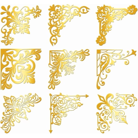 9Pcs Golden Self Adhesive Stickers 4cmx4cm Floral Border Metal Decal Retro Border Waterproof Decorate Sticker
